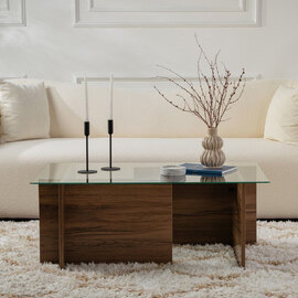 Vetrio Rectangular Clear Glass Coffee Table with Venezia Walnut Wooden Base