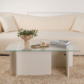 Vetrio Rectangular Clear Glass Coffee Table with White Wooden Base