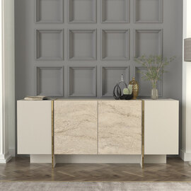 Veyron Wooden Sideboard with 4 Doors in Stone and Travertine Marble Effect