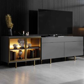 Vienna Wooden LED TV Stand with 2 Doors in Anthracite and Gold