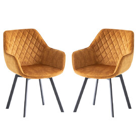 Viha Antique Gold Velvet Swivel Dining Chairs with Black Legs in Pair