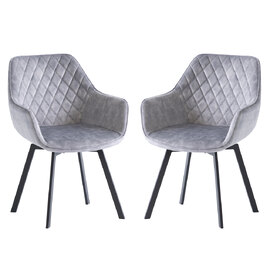 Viha Silver Velvet Swivel Dining Chairs with Black Legs in Pair