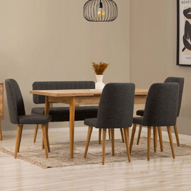 Vina Atlantic Pine Rectangular Wooden Extending Dining Table with 4 Fabric Anthracite Chairs and 1 Bench