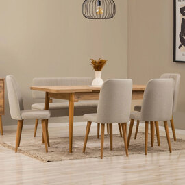 Vina Atlantic Pine Rectangular Wooden Extending Dining Table with 4 Fabric Cream Chairs and 1 Bench