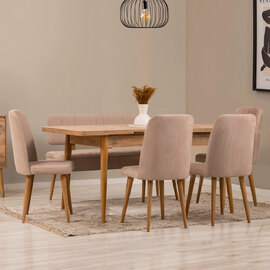 Vina Atlantic Pine Rectangular Wooden Extending Dining Table with 4 Fabric Stone Chairs and 1 Bench