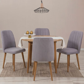 Vina Atlantic Pine Round Wooden Extending Dining Table with 4 Fabric Grey Chairs