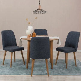 Vina Atlantic Pine Round Wooden Extending Dining Table with 4 Fabric Navy Blue Chairs