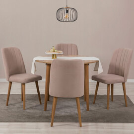 Vina Atlantic Pine Round Wooden Extending Dining Table with 4 Fabric Stone Chairs