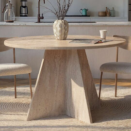 Viora Round Wooden Dining Table in Travertine Marble Effect