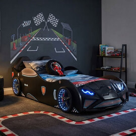 Vroom Black ABS Childen Car Bed with Leather Seat and LED
