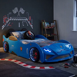 Vroom Blue ABS Childen Car Bed with Leather Seat and LED