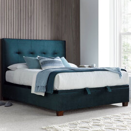 Walker Velvet Ottoman Storage Double Bed In Deep Ocean