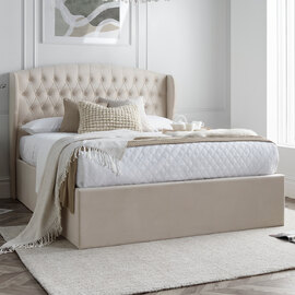 Warren Velvet Ottoman Storage King Size Bed In Oatmeal