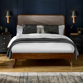Westoria Wooden King Size Bed with Chenille Headboard in Brown