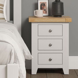 Wrenley Wooden Bedside Cabinet with 3 Drawers in Ivory and Oak