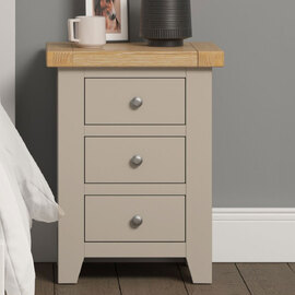 Wrenley Wooden Bedside Cabinet with 3 Drawers in Putty and Oak