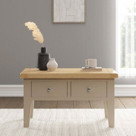 Wrenley Wooden Coffee Table with 2 Drawers in Putty and Oak