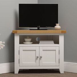 Wrenley Wooden Corner TV Stand in Ivory and Oak