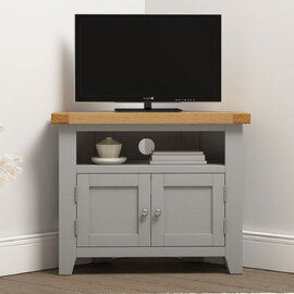 Wrenley Wooden Corner TV Stand in Pebble Grey and Oak