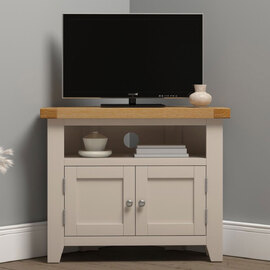 Wrenley Wooden Corner TV Stand in Putty and Oak