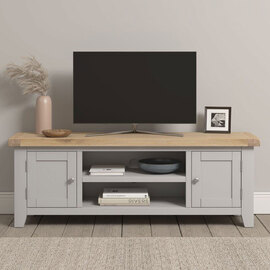 Wrenley Wooden TV Stand with 2 Doors in Pebble Grey and Oak
