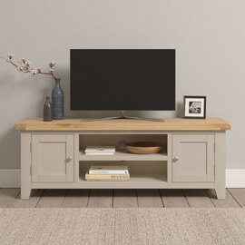 Wrenley Wooden TV Stand with 2 Doors in Putty and Oak