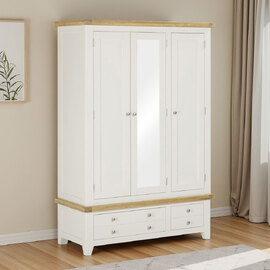 Wrenley Wooden Wardrobe with 3 Doors 2 Drawers in Ivory and Oak