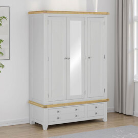 Wrenley Wooden Wardrobe with 3 Doors 2 Drawers in Pebble Grey and Oak
