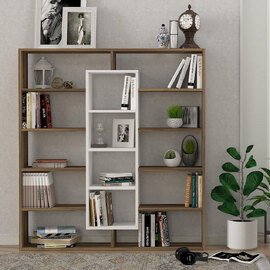Zafira Wooden Bookcase With 14 Shelves In Walnut And White