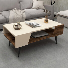 Zanviro Wooden Coffee Table With Undershelf In Beige And Light Walnut