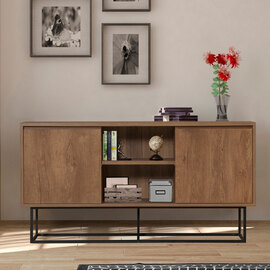 Zela Wooden Console Table with 2 Doors in Walnut and Black