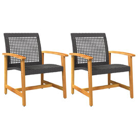 Zelivo Garden Black Poly Rattan Armchair with Acacia Wood Frame in Pair