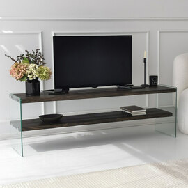 Zerano Tempered Glass Frame TV Stand With 2 Solid Wood Anthracite Shelves
