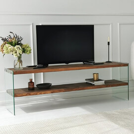 Zerano Tempered Glass Frame TV Stand With 2 Solid Wood Natural Shelves