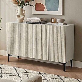 Zeynep Wooden Sideboard with 4 Doors in White and Travertine Marble Effect