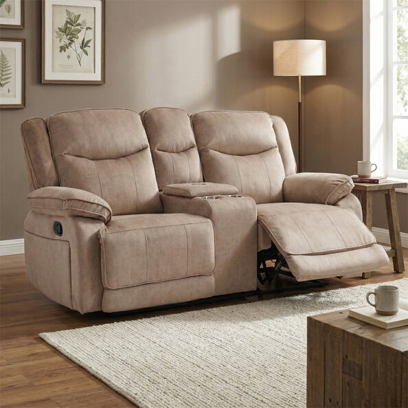 Arvelo Fabric Manual Recliner 2 Seater Sofa with Console in Light Brown