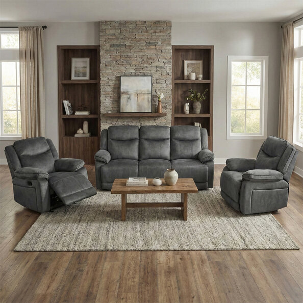 Arvelo Fabric Manual Recliner 3+1+1 Seater Sofa Set in Grey