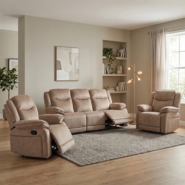 Arvelo Fabric Manual Recliner 3+1+1 Seater Sofa Set in Light Brown