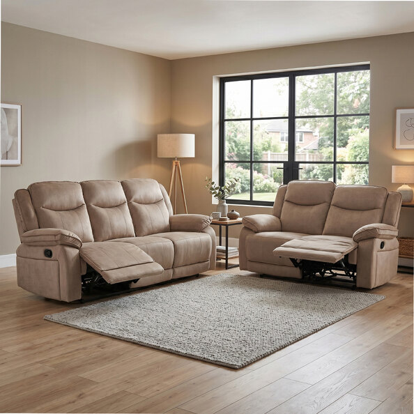 Arvelo Fabric Manual Recliner 3+2 Seater Sofa Set in Light Brown