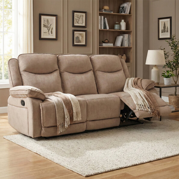 Arvelo Fabric Manual Recliner 3 Seater Sofa in Light Brown
