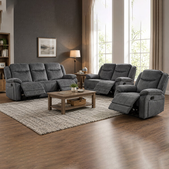 Arvelo Fabric Manual Recliner Sofa Suite in Grey