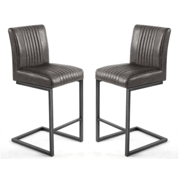 Aboba Grey Leather Bar Chairs With Metal Legs In Pair