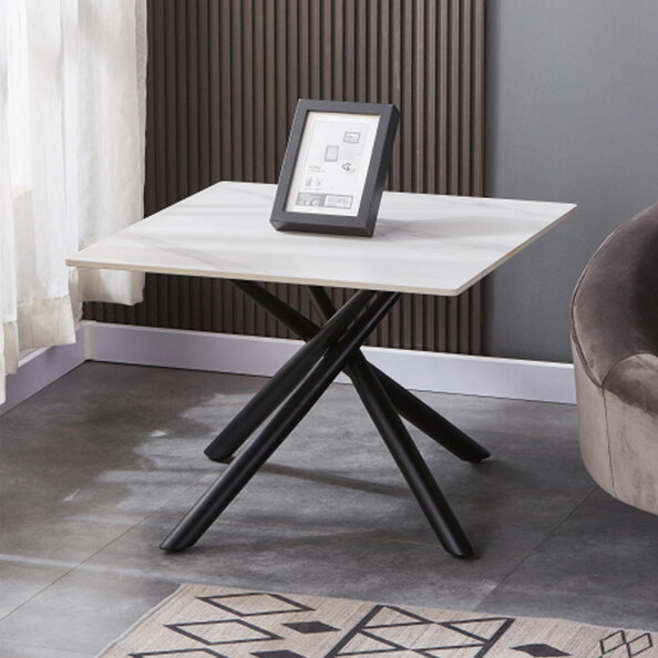 Accro White Ceramic Top End Table with Black Metal Legs