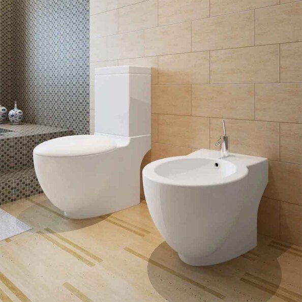 Adel White Close Coupled Toilet And Bidet With Horizontal Outlet - Soft Close Seat