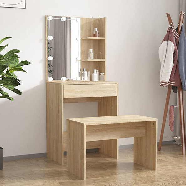 Adhra Wooden Dressing Table Set In Sonoma Oak With LED Lights