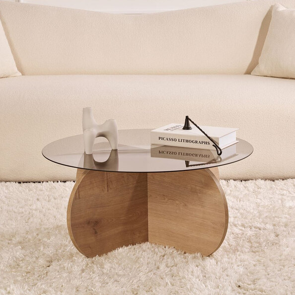 Aerio Fume Tempered Glass Coffee Table with Sapphire Oak Wooden Base
