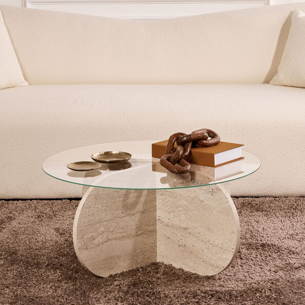 Aerio Clear Tempered Glass Coffee Table with Travertine Marble Effect