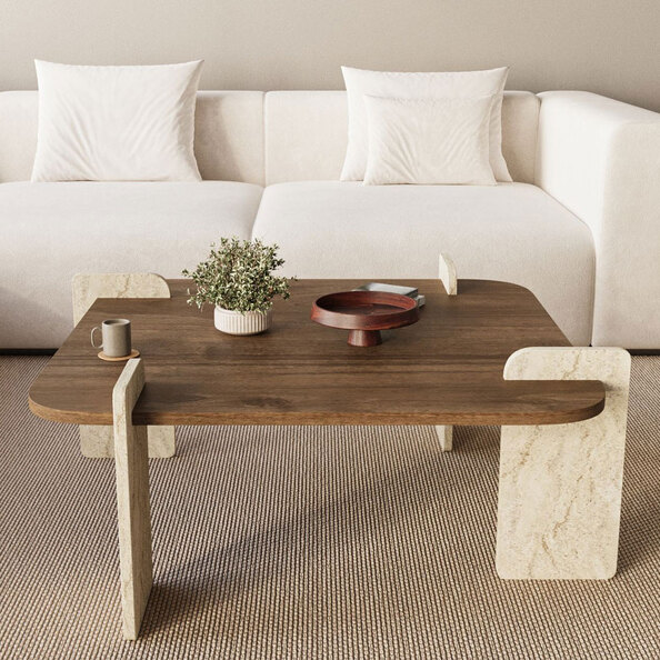Afrolli Wooden Square Wooden Coffee Table in Travertine Marble Effect and Walnut