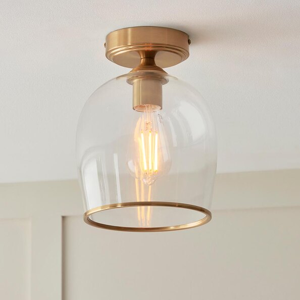 Aiken Clear Glass Flush Ceiling Light In Brushed Aged Brass