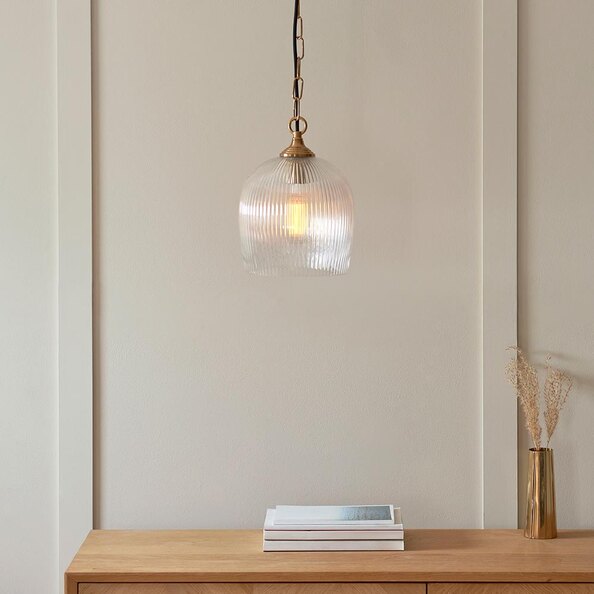 Aiken Ribbed Glass Pendant Ceiling Light In Brushed Aged Brass